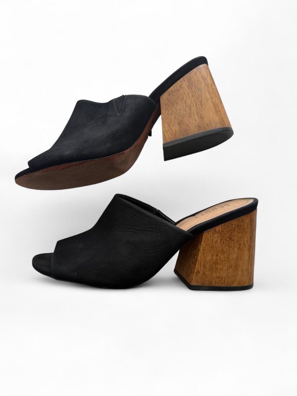 Schutz Size 9 Black Suede Peep Toe Mule Wood Block Heel Leather Minimalist Boho - Picture 4 of 9